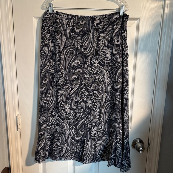 Pendleton Silk Wool Chic Cottagecore Paisley Midi Skirt Navy Blue Grey White XL - Picture 2 of 8